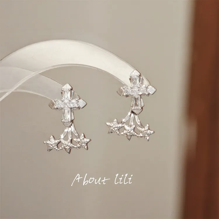 铜合金耳饰 十字架锆石耳钉一款两戴精致设计感耳坠耳环