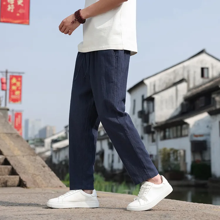 亚麻裤子男纯色百搭休闲九分裤中国风直筒9分哈伦裤复古哈伦裤潮