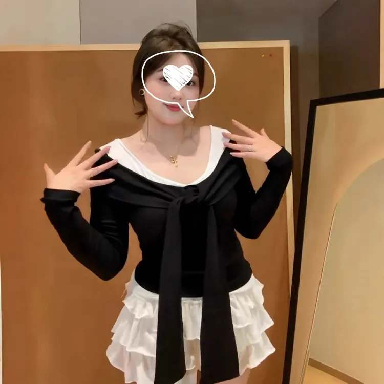 大码纯欲风藏青色假两件一字肩上衣早秋新款胖mm修身显瘦长袖t恤