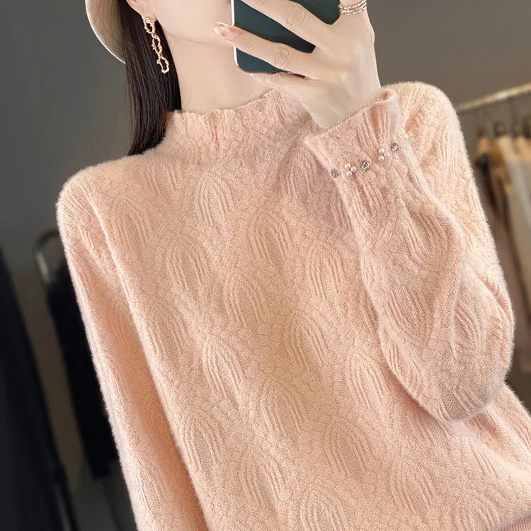 纯100羊毛衫上衣2025秋冬新款宽松毛衣女半高领蕾丝羊绒打底衫女