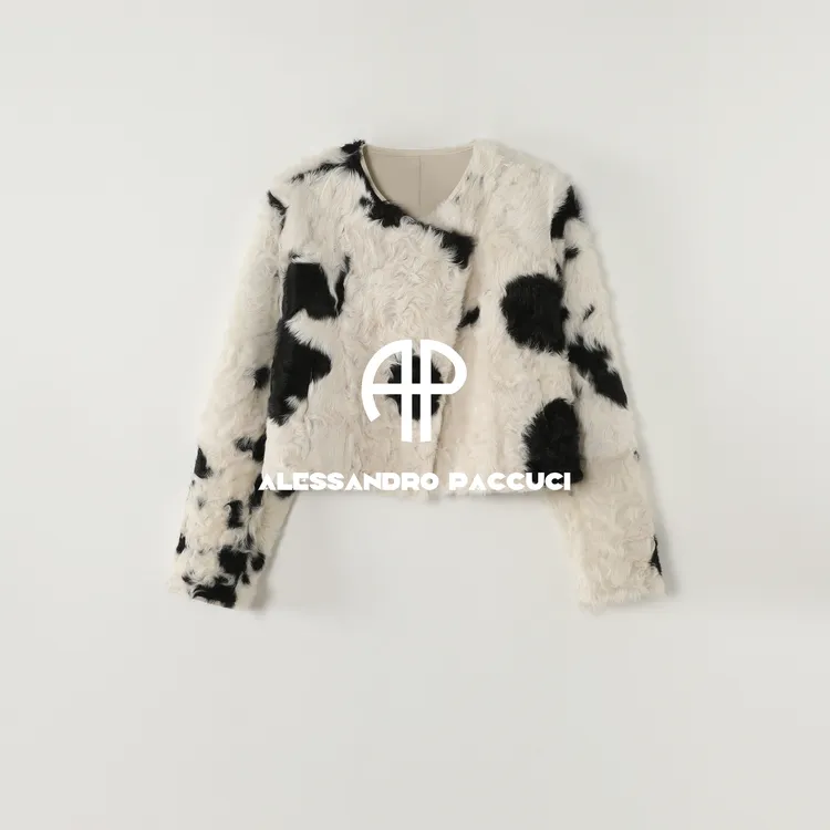 AP洛哥54107CM【限量奶牛小湖羊】黑标/羊毛皮一体黑白时尚皮草外套