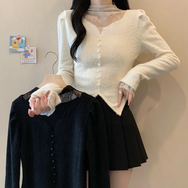 2025秋冬气质性感蕾丝花边拼接内搭甜美减龄套头针织衫设计感小众