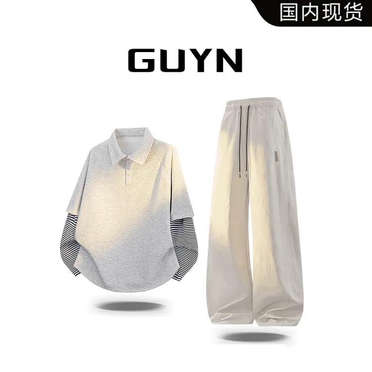 【品牌现货】GUYN设计师男装高级感假两件卫衣男套装秋季长袖一套