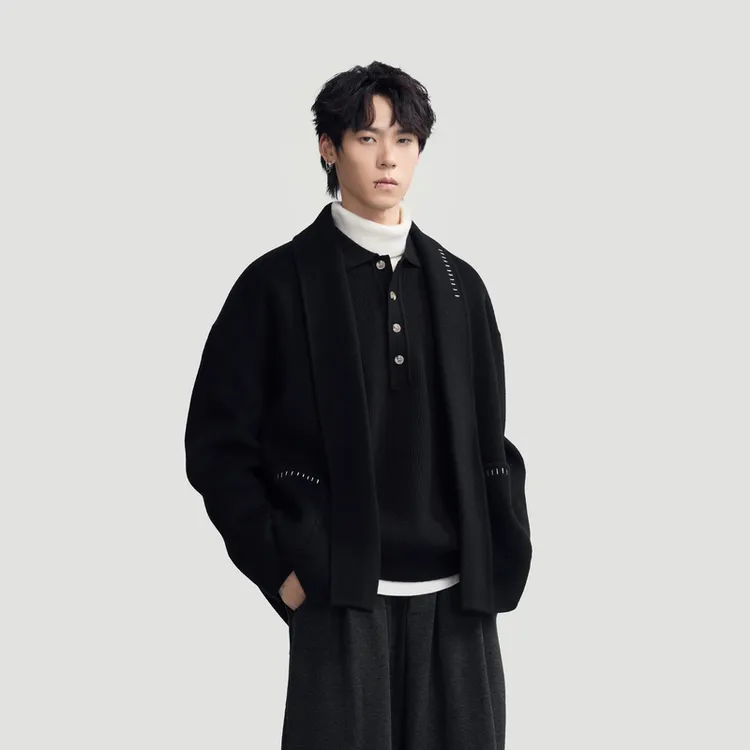 HERBEL/黑白2025年秋冬新款围巾领毛呢大衣男款保暖百搭上衣外套