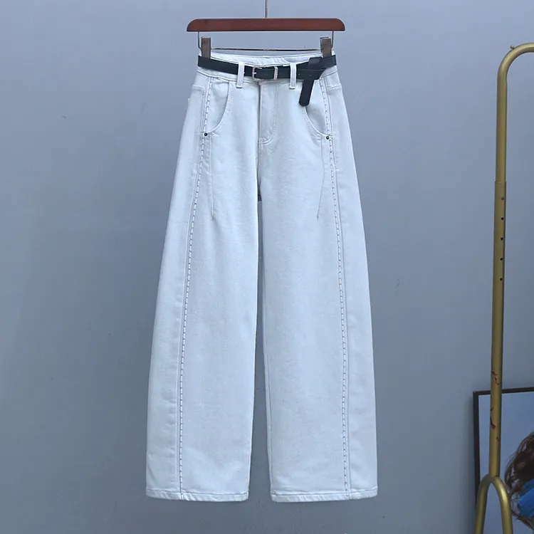 牛仔裤秋冬米白色抓绒厚款高腰弯刀裤2025新款时尚显瘦阔腿香蕉裤