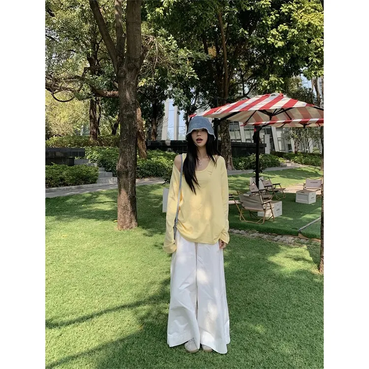 新款慵懒风宽松百搭黄色长袖T恤+背心叠穿两件套高腰修身阔腿裤