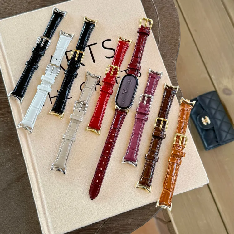 适用苹果S11华为小米10/9漆面竹节纹iWatch纯色GT6皮质fit4手表带