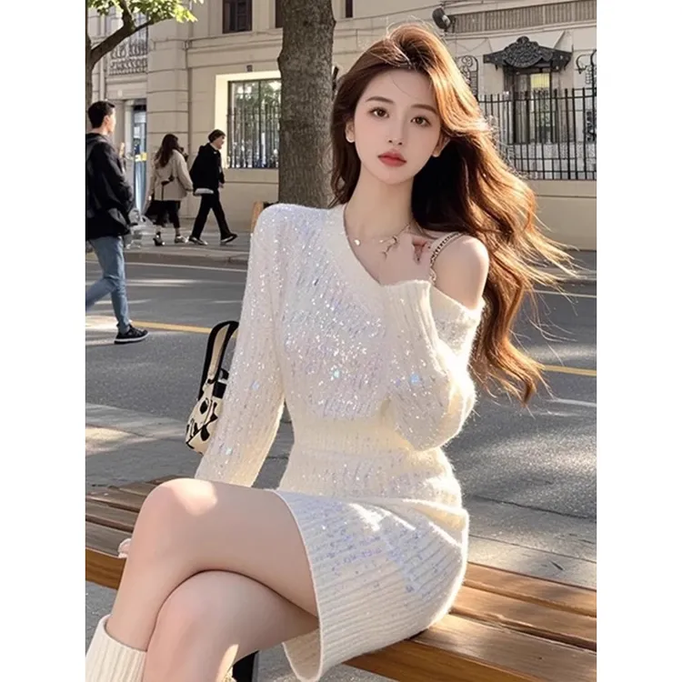秋冬千金气质名媛修身亮片针织连衣裙女装秋冬千金越南小众连衣裙
