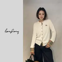 LANG LANG时尚潮流百搭拼接经典格纹针织长袖毛针织衫7829