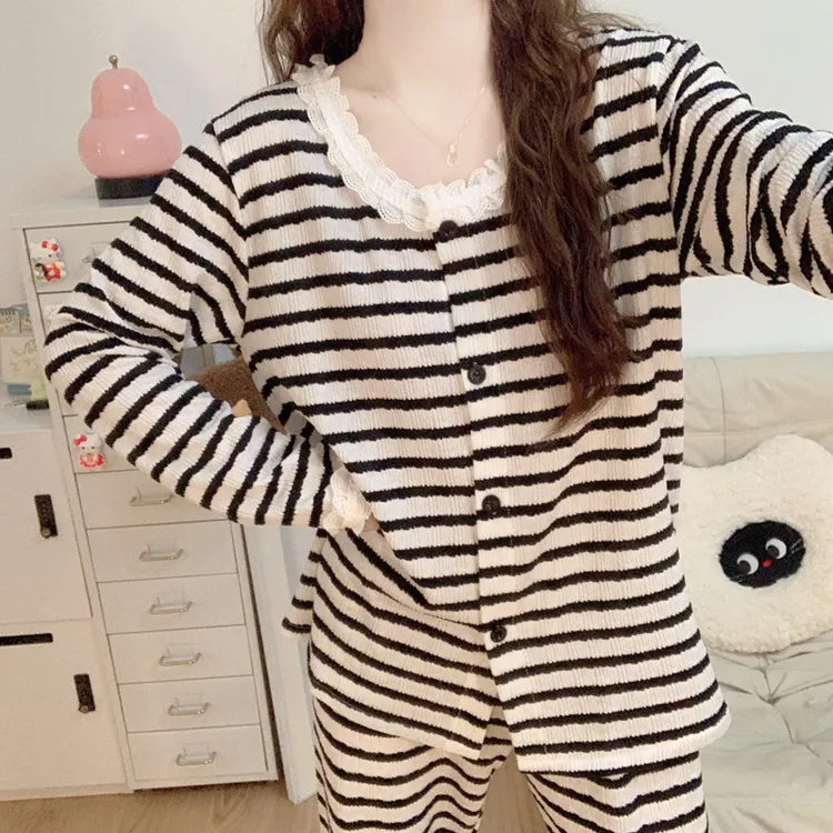 韩系公主风睡衣女士春秋季2025新款亲肤棉长袖长裤条纹家居服套装