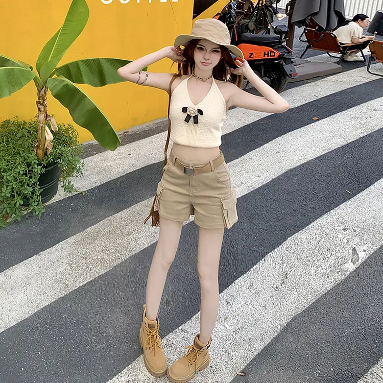 高个子卡其色工装短裤女夏薄款美式辣妹牛仔裤短裤休闲中裤送腰带