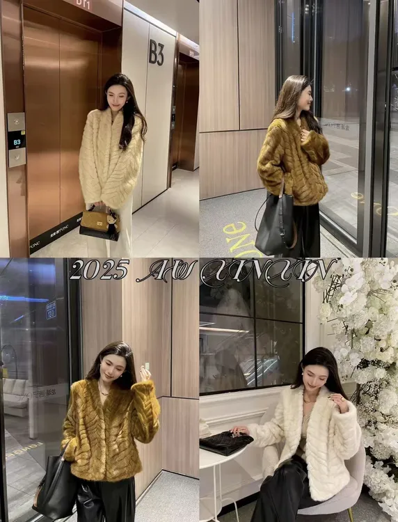 2025韩版冬季金叶貂时尚轻奢感休闲女装INS风保暖环保毛毛外套V领