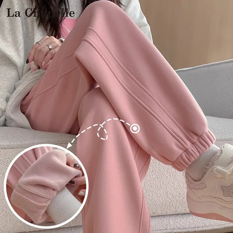 拉夏贝尔粉色加绒防风裤女秋冬2025新款高腰宽松休闲运动束脚裤子