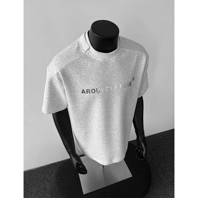 白花灰金属字母正肩t恤高级感重磅短袖男款夏季美式高街痞帅半袖