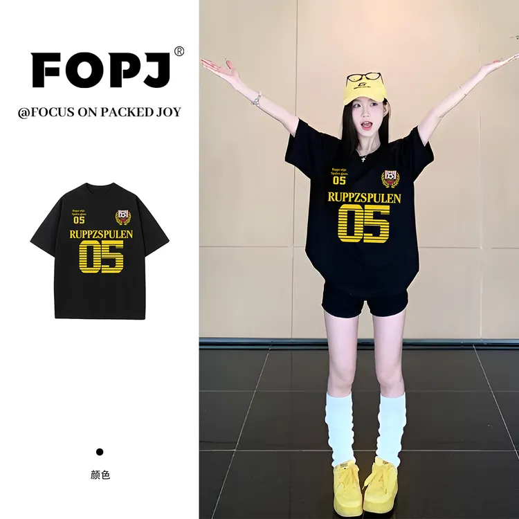 FOPJ美式学院风纯棉短袖t恤女2025夏季新款时尚潮牌宽松半袖上衣