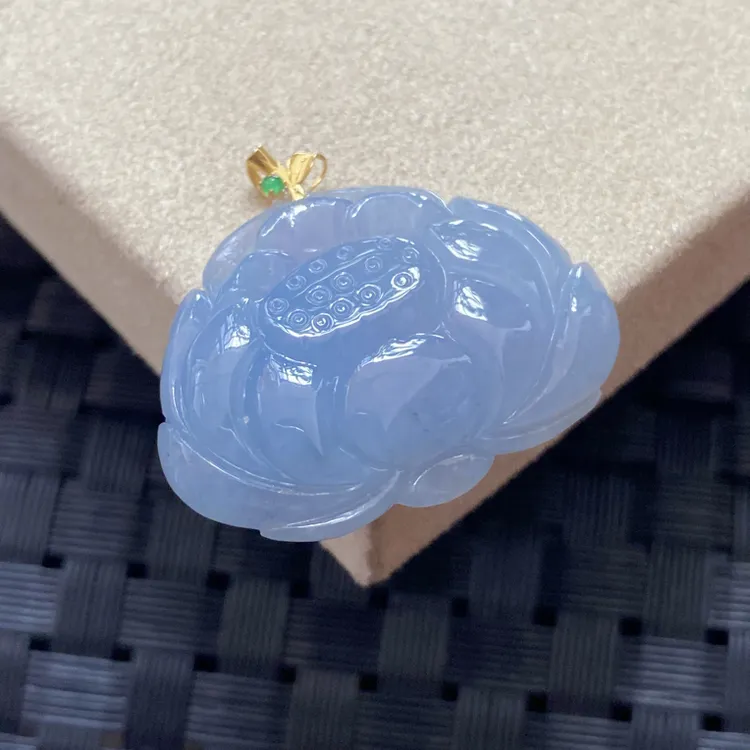 天然翡翠Ａ货18K金镶嵌蓝紫大莲花吊坠 27.5*30*5.5