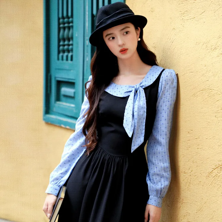 2025秋季新款温柔风撞色蝴蝶结假两件衬衫连衣裙轻职场通勤穿搭女