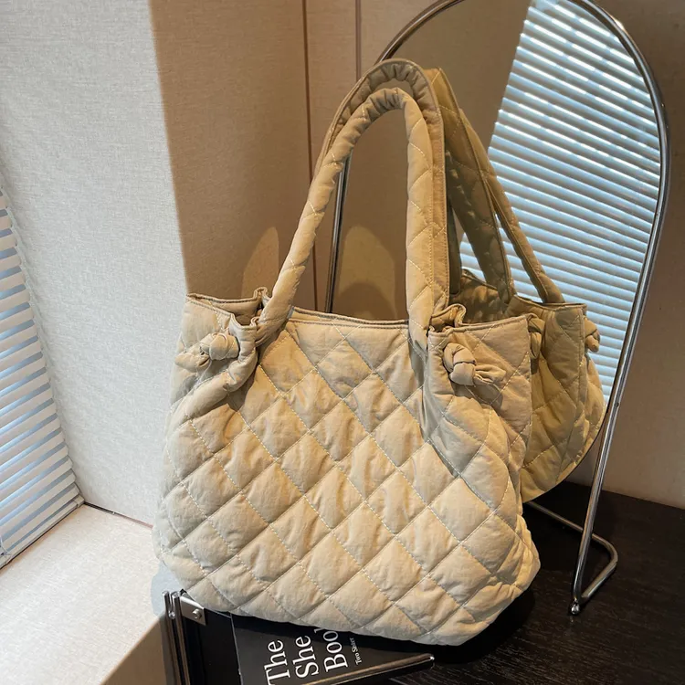 棉服包包女式2025新款冬时尚休闲菱格布包单肩包大容量通勤托特包