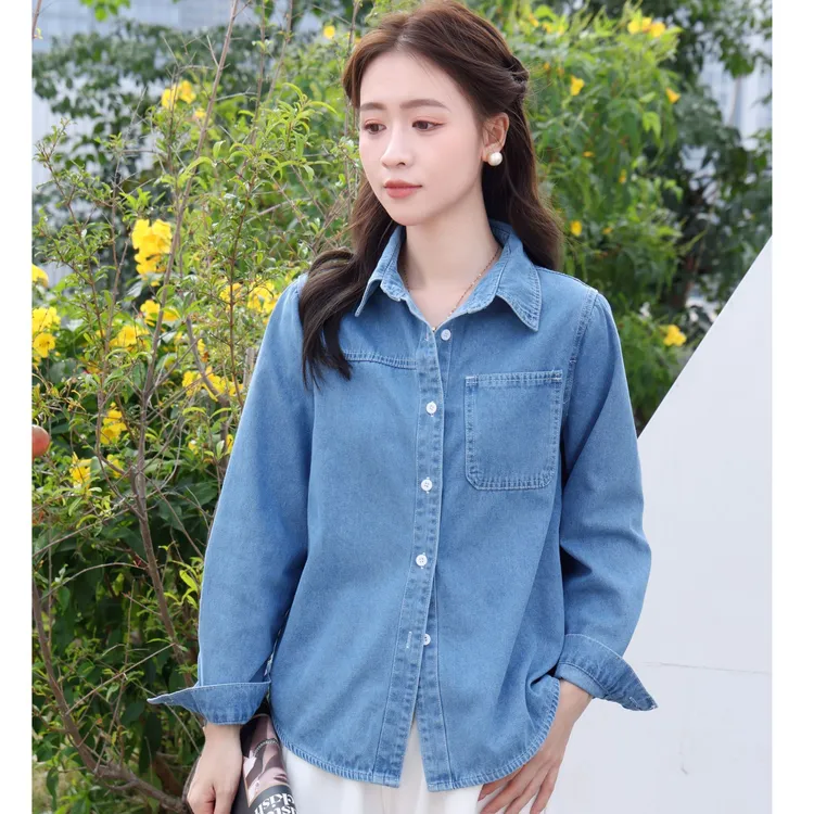 春季新款牛仔衬衫女百搭宽松叠穿百搭设计感港味宽松长袖
