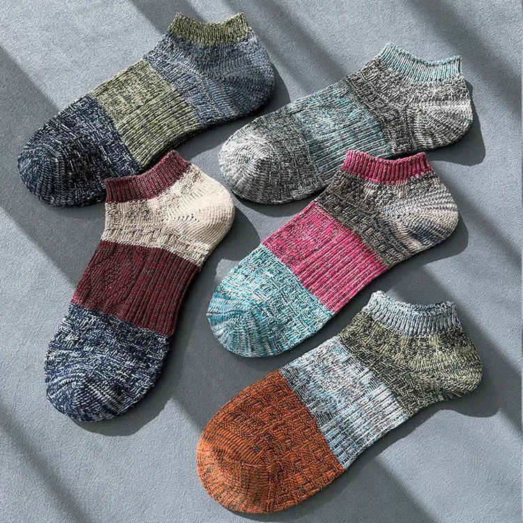 复古男袜秋冬季短袜民族风潮袜拼色厚袜子低帮短筒双针粗线浅口袜