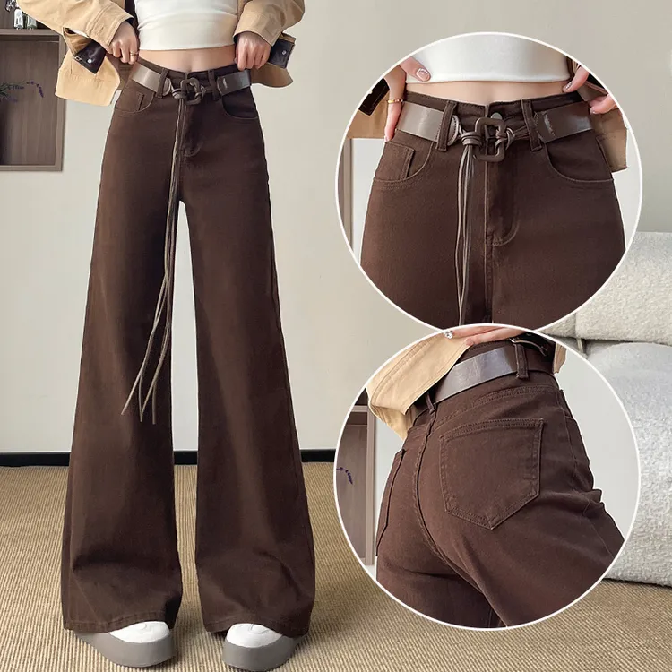 蜜蜜穿搭加绒加厚美式咖色大脚喇叭牛仔裤女2025冬季遮肉阔腿裤子