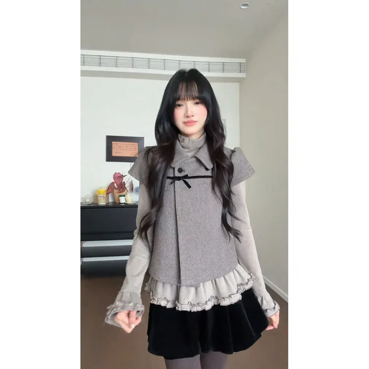 韩系甜妹风浅灰格纹蝴蝶结马甲荷叶边长袖内搭女秋冬丝绒短裙套装