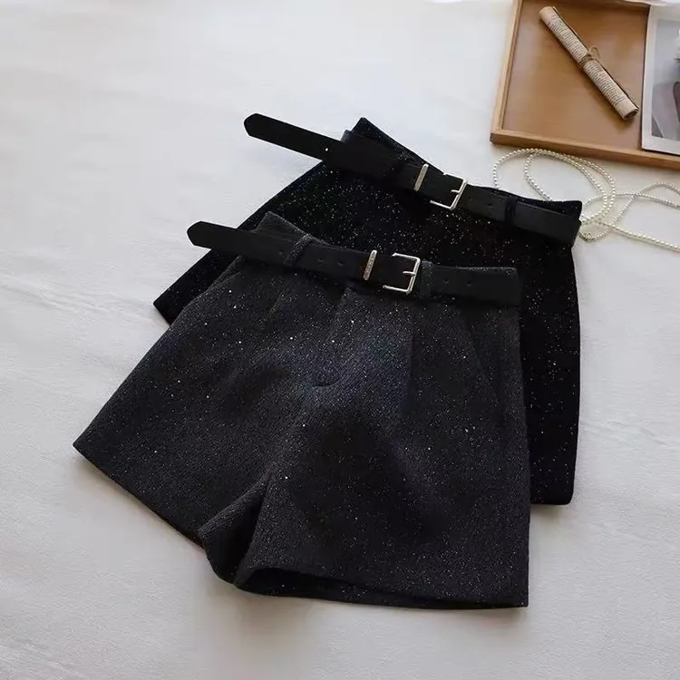 秋冬季高腰小香风闪闪重工亮片毛呢短裤a字阔腿裤靴裤子女 配腰带