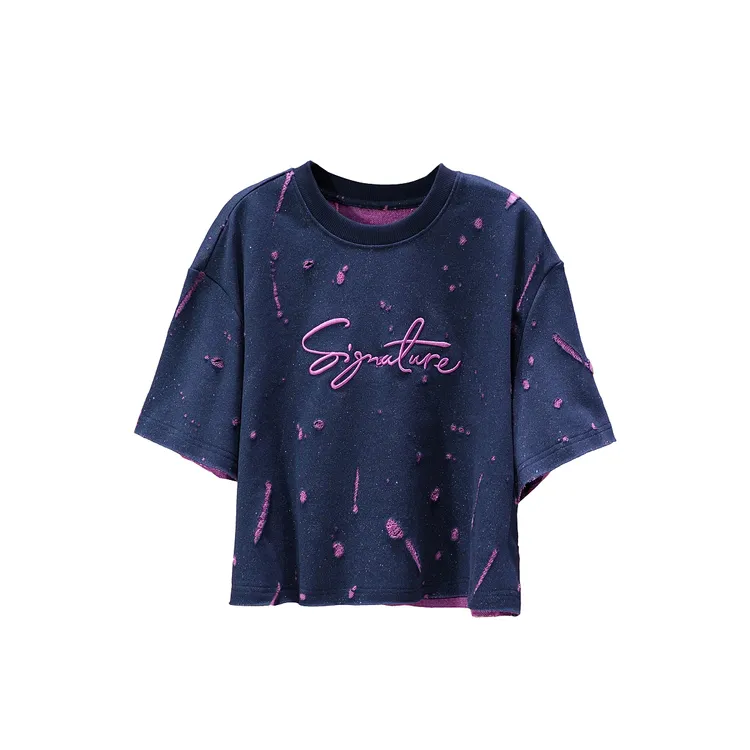 【韩哥女装】设计师高定简约轻薄藏蓝色字母刺绣做旧圆领T恤6961A