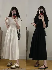 Q2025夏装新款胖mm大码女时尚高级感方领纯色收腰显瘦连衣裙21705