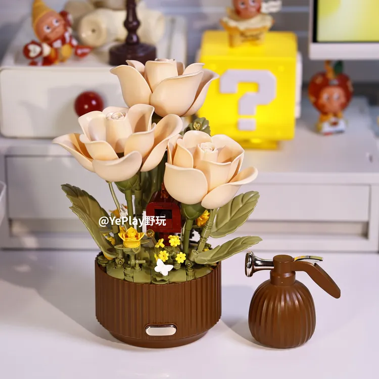 【野玩】永生玫瑰电动会开花的积木花高颜值送女友情人七夕节日礼物