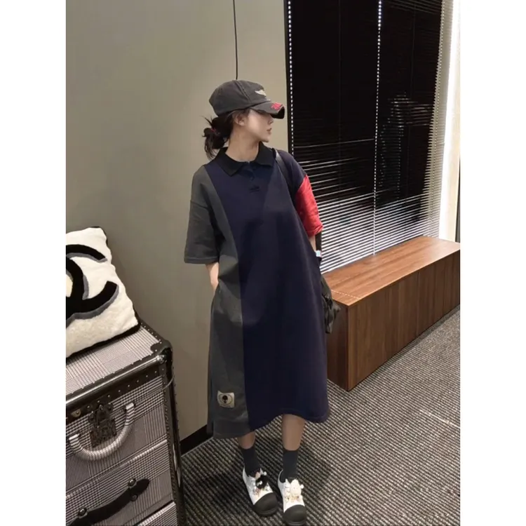 欧货飒酷风拼色连衣裙女2025秋季新款流行时尚独特别致T恤裙上衣