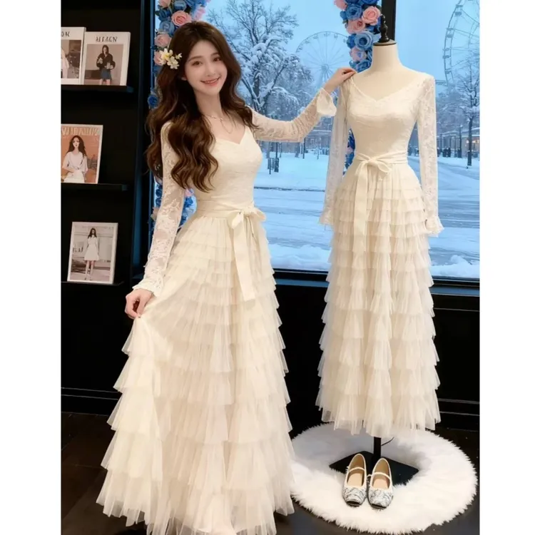 Catyears猫年 粉荔漫舞~复古法式蕾丝蓬松蛋糕裙摆连衣裙加绒