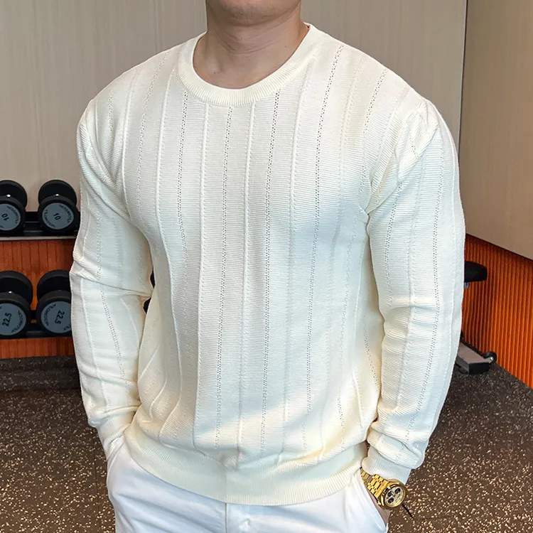 极简风圆领针织衫男长袖竖纹坑条纹毛衣休闲打底衫高级感男士上衣