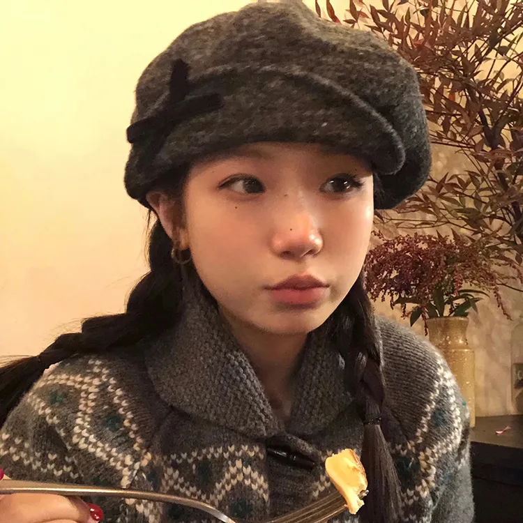 复古丝绒蝴蝶结两戴八角贝雷帽女秋冬款显脸小韩版学院风报童帽子
