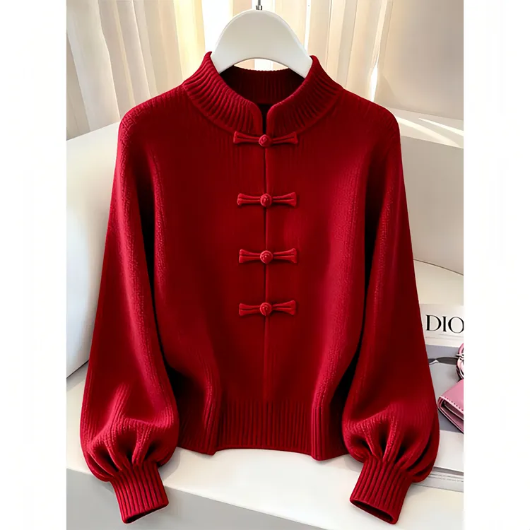 新中式立领盘扣粗线上衣打底2025秋季独特超好看短款灯笼袖针织衫