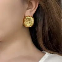铜合金耳饰 欧美复古拉丝空心几何耳环女个性夸张重工方形耳钉