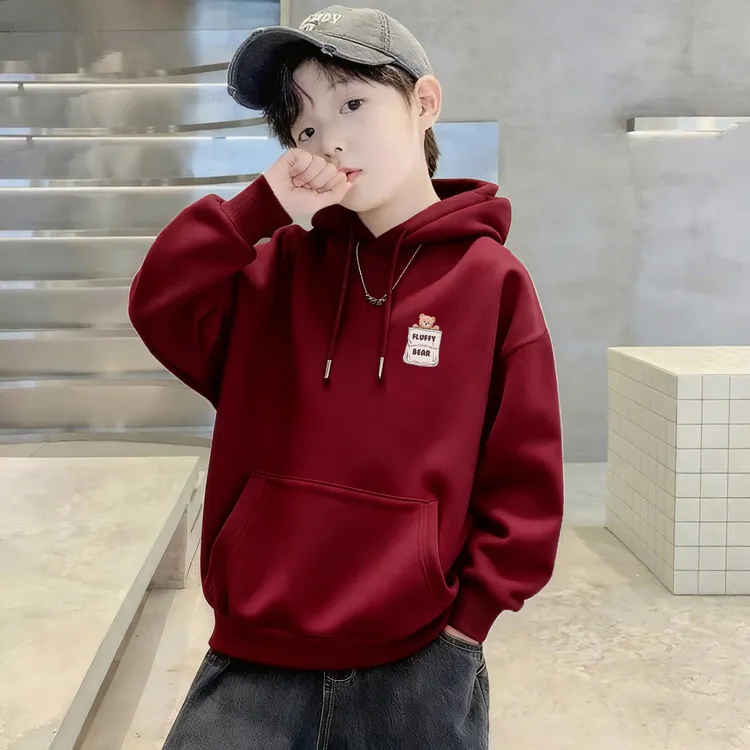 中大男童红色连帽卫衣秋冬款2025新款中大童秋季衣服儿童长袖上衣