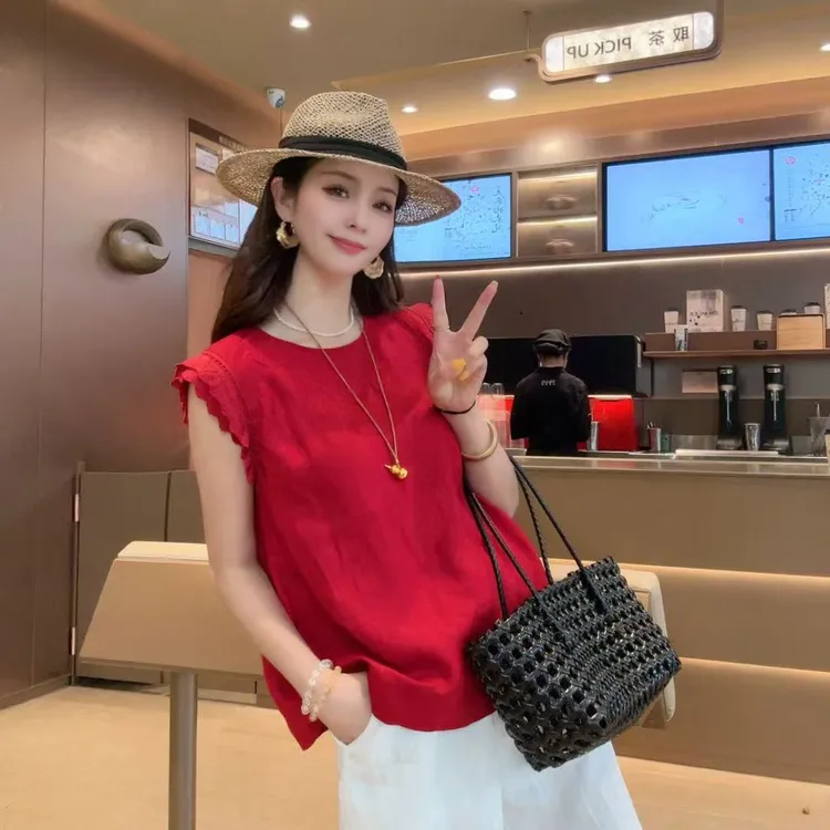 华丽微微【晴叙】夏季新款花边袖钉扣设计感显瘦透气苎麻上衣C1474