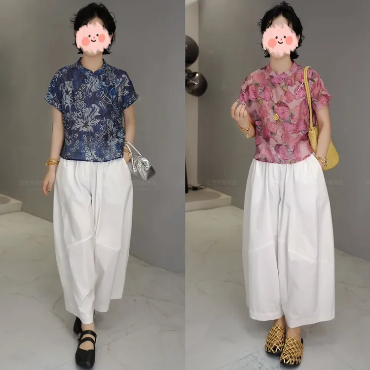 2025夏季新款国风新中式时尚印花无袖衬衣T上衣百搭哈伦裤套装女