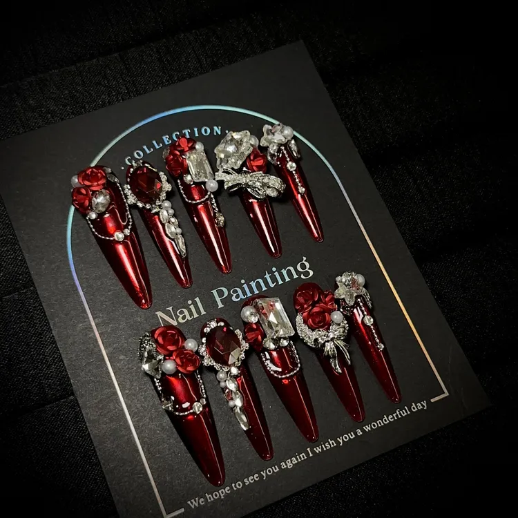 【重工款】纯手工穿戴甲高级感猫眼长款美甲重工爆闪假指甲贴片