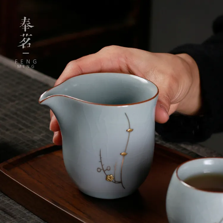 锔钉天青汝窑茶器公道杯陶瓷 开片釉功夫茶具茶海分茶杯公杯梅花
