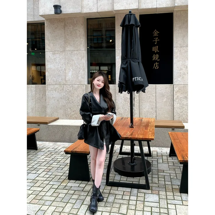 佐佐家小个子复古黑色光泽大翻领酷飒皮衣外套春秋季女中长款夹克