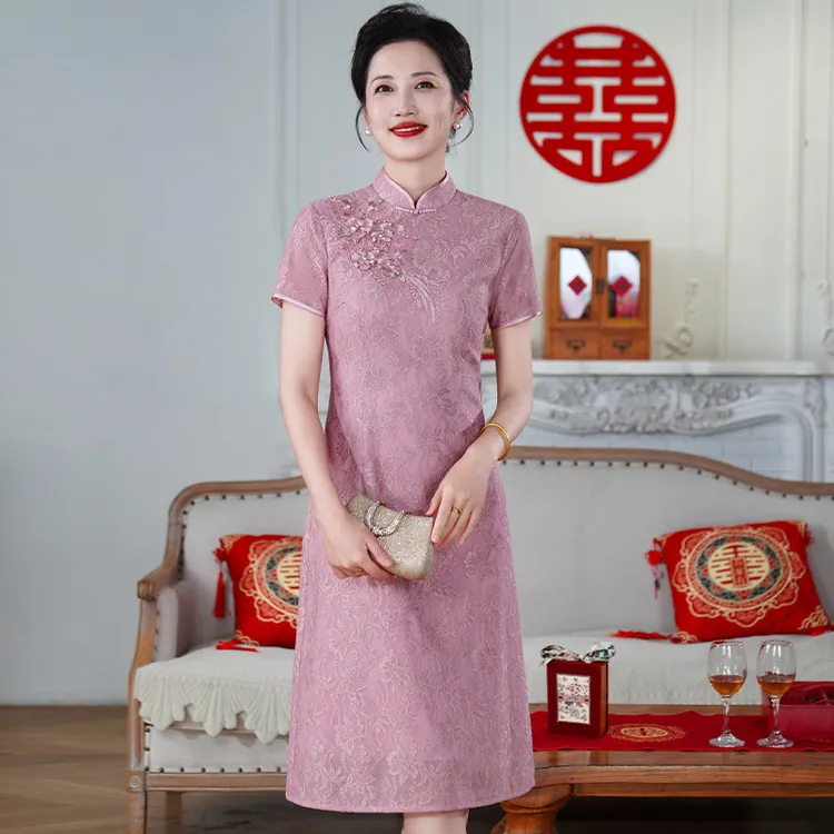 粉色优雅时尚大码妈妈装 2025夏季新款短袖中式高档喜婆婆礼服裙