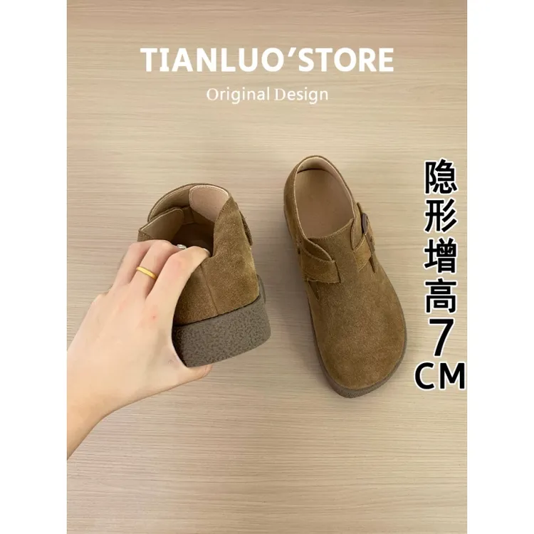 牛皮~7cm小个子内增高厚底勃肯鞋女2025秋冬新款全包博肯豆豆单鞋