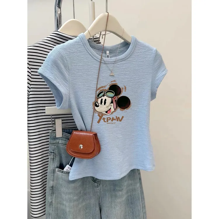 2025夏季印花圆领百搭短袖薄款高腰上衣女士竹节棉短款T恤衫