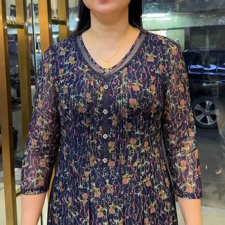 时尚花边领高腰显瘦透气台湾纱中长款碎花气质连衣裙