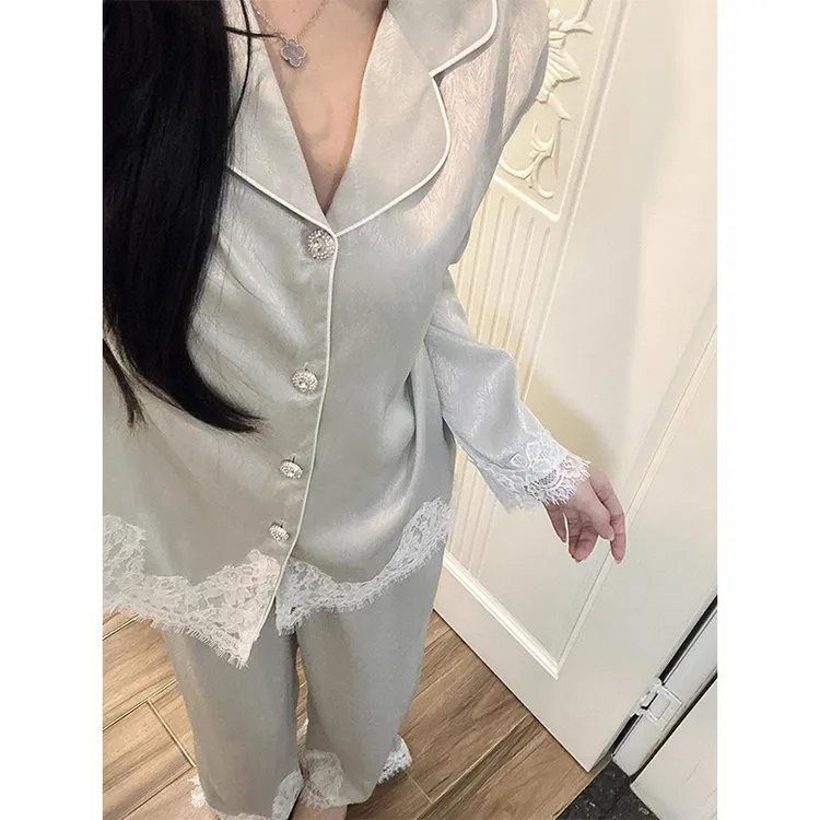 【蕾丝花边】法式休闲轻奢纯色冰丝睡衣女夏季新款家居服套装可外穿