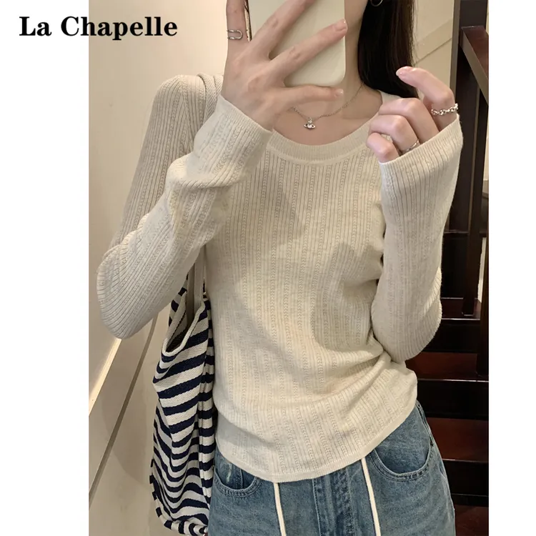 La Chapelle/拉夏贝尔韩版气质花纹针织衫女2025早秋打底长袖毛衣