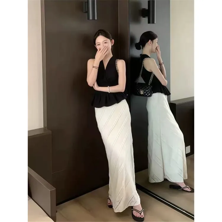 法式气质蕾丝拼接V领无袖背心上衣高腰半身裙两件套夏季时尚套装