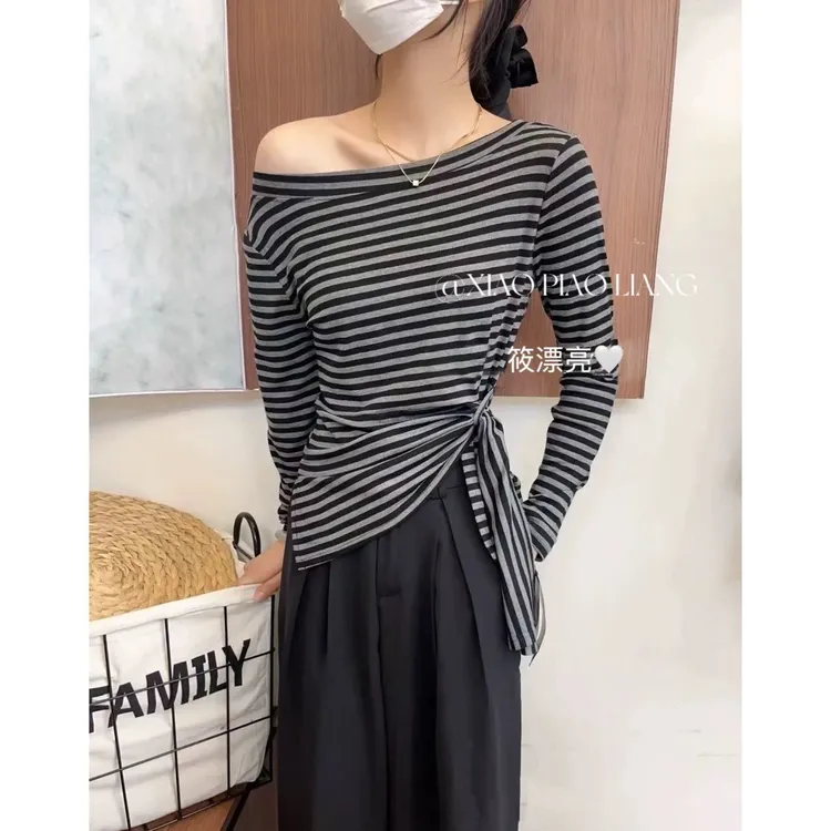 爆款秋季韩系新款不规则开叉收腰显瘦露肩长袖T恤设计感百搭上衣